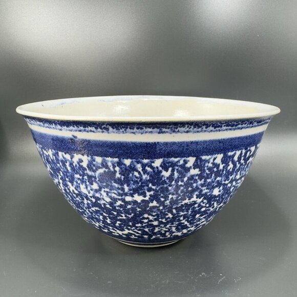 Vintage Hand Made Stoneware Pottery Dish Bowl Hand Glazed Blue Sponge ware Bowl - Picture 12 of 15